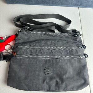 Kipling 3 Zipper Crossbody Bag Gray  with 2 Monkey Charms Jamie & Moosey